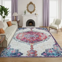 Machine Washable Indoor Rug - 5 x 7 Beige/Blue/Orange/Pink New