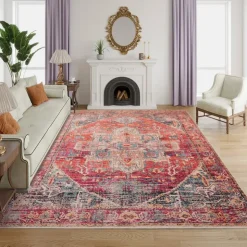 Machine Washable Indoor Rug - 5 x 7 Beige/Orange/Blue New