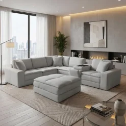 Modular Sectional, Console with Integrated Sound System and Ottoman – 6 pcs Grey Sale