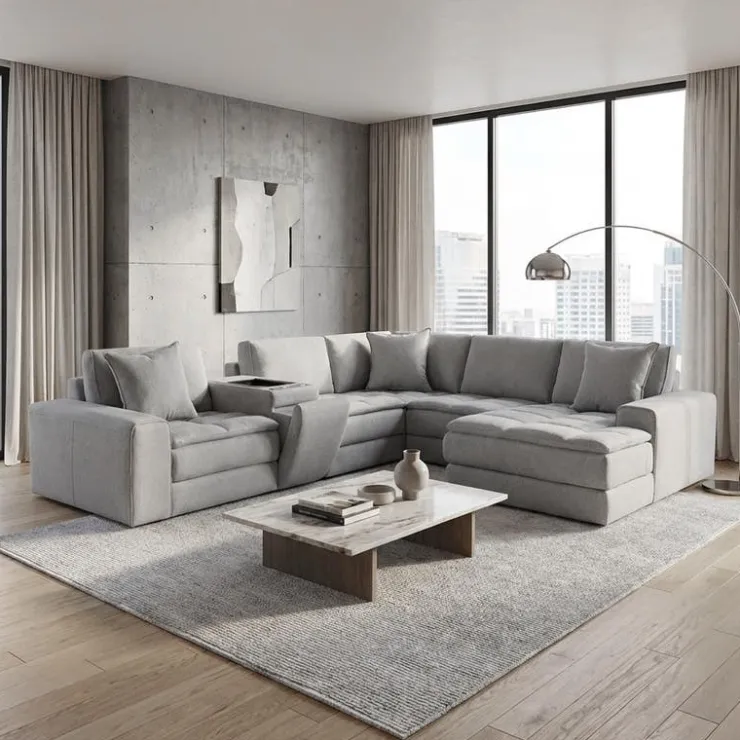 Modular Sectional with Right-Side Chaise and Console with Integrated Sound System - 6 pcs Grey Discount