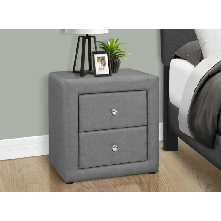 Monarch Nightstand - upholstered / 2 storage drawers - 21"h - linen-look - Grey New