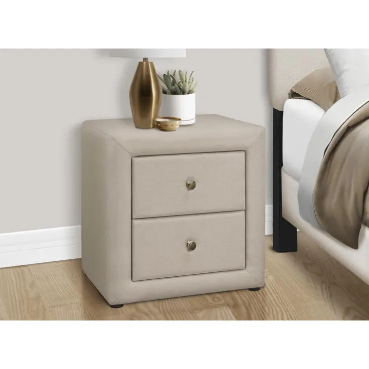 Monarch Nightstand - upholstered / 2 storage drawers - 21"h - linen-look - Beige Outlet