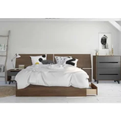 Nexera Nightstand, 1-Drawer, Walnut & Charcoal - Brown and Grey Outlet