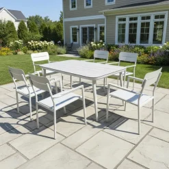 Outdoor Aluminum Dining Set with Tempered Glass Top and 6 Chairs Beige Outlet