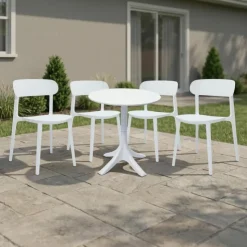 Outdoor Resin Dining Set with 1 Round Table and 4 Stackable Chairs - White New
