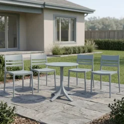 Outdoor Resin Dining Set with 1 Round Table and 4 Stackable Chairs - Grey Discount