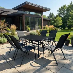 Outdoor Steel Rectangular Dining Table with 6 Chairs Black New