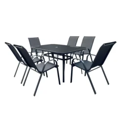Outdoor Steel Rectangular Dining Table with 6 Chairs Black New