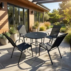 Outdoor Steel Round Dining Table with 4 Chairs Black