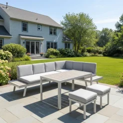Outdoor Steel Sectional with Dining Table and 2 Stools Beige Discount