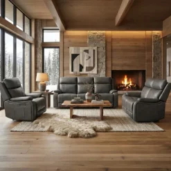 Power Leather Reclining Loveseat with Adjustable Headrests - Grey Charocal grey Clearance