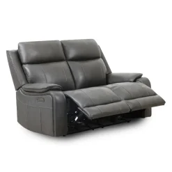 Power Leather Reclining Loveseat with Adjustable Headrests - Grey Charocal grey Clearance