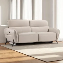 HTL Power Reclining Sofa with Adjustable Headrests - Genuine Leather Oatmeal Beige Discount