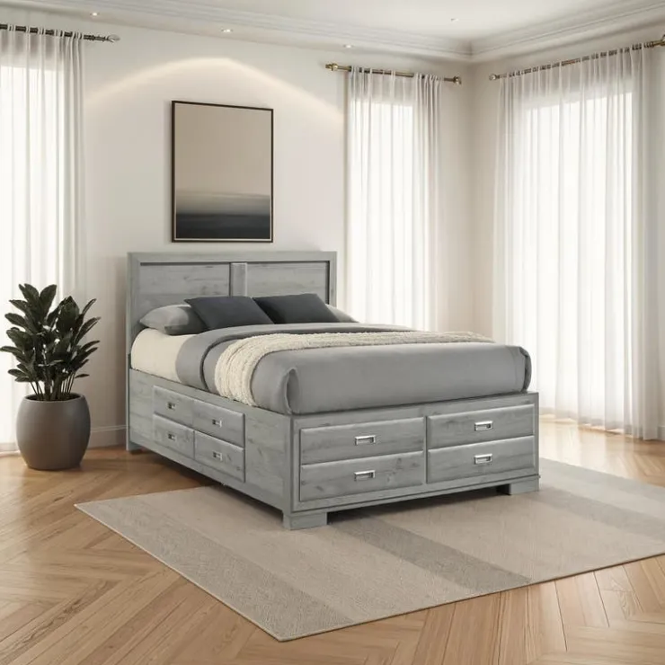 Queen Bed with Drawers & Headboard - 60" Grey