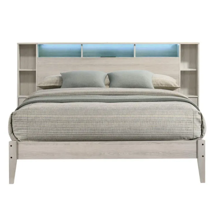 Queen Bed with LED, Wireless Charger, USB and Storage - 60" Grey Clearance