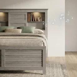 Queen Bed with Multifunctional Headboard with Speakers - 60" Grey Hot