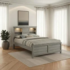 Queen Bed with Multifunctional Headboard with Speakers - 60" Grey Hot