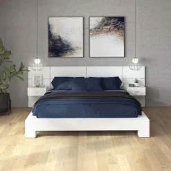 SUA-V Queen Bed with Wall Units and Nightstands (60") White