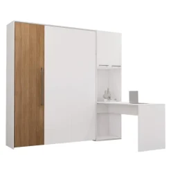 Queen Murphy Bed with Storage Cabinets and Desk - White & Brown Discount