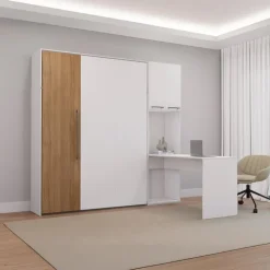Queen Murphy Bed with Storage Cabinets and Desk - White & Brown Discount