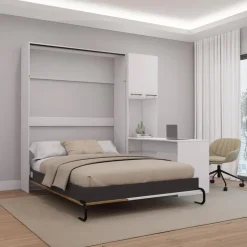 Queen Murphy Bed with Storage Cabinets and Desk - White & Brown Discount
