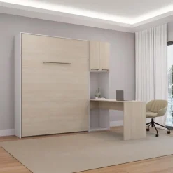 Queen Murphy Bed with Storage Cabinets and Desk - Grey