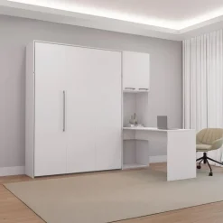 Queen Murphy Bed with Storage Cabinets and Desk - White Discount