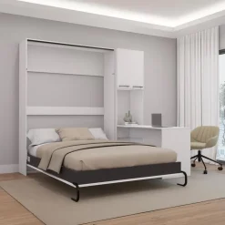 Queen Murphy Bed with Storage Cabinets and Desk - White Discount