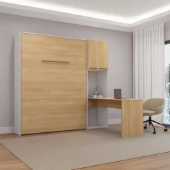 Queen Murphy Bed with Storage Cabinets and Desk - Natural Hot