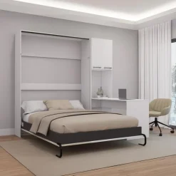 Queen Murphy Bed with Storage Cabinets and Desk - White & Grey Sale