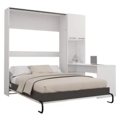 Queen Murphy Bed with Storage Cabinets and Desk - White & Grey Sale