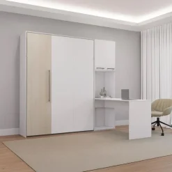 Queen Murphy Bed with Storage Cabinets and Desk - White & Grey Sale