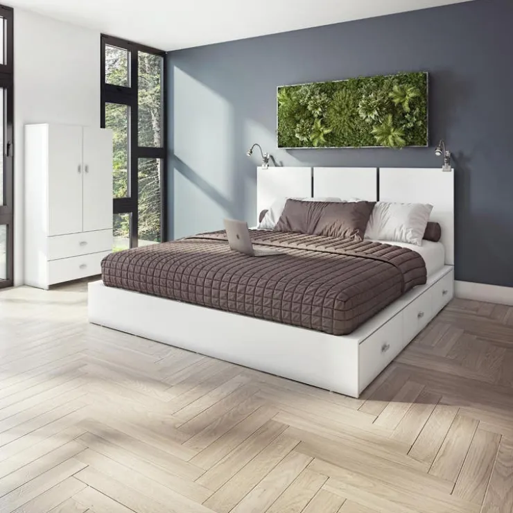 SUA-V Queen Platform Bed with Headboard (60") White Outlet