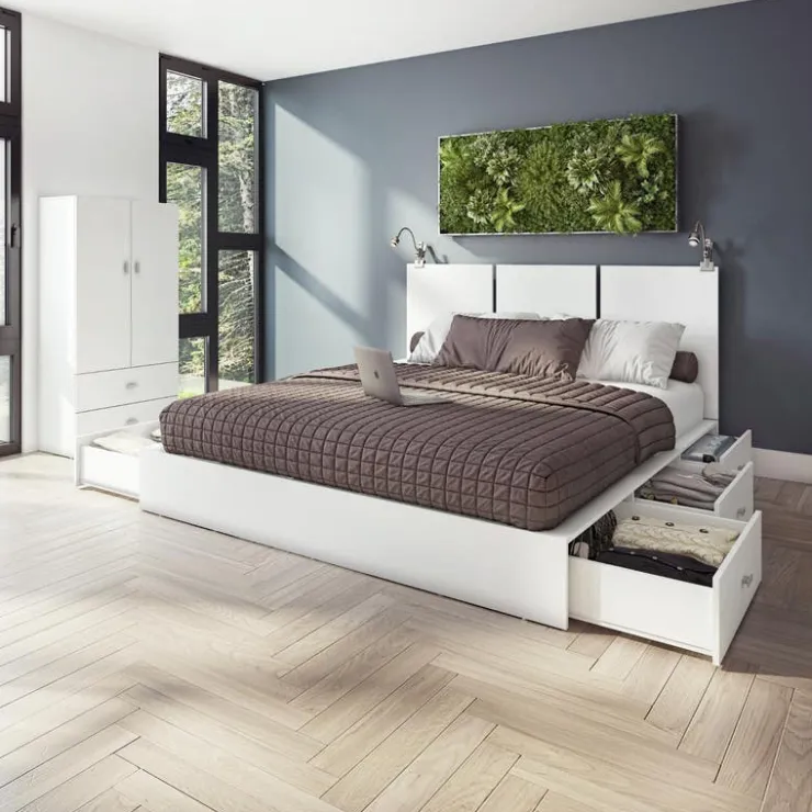 SUA-V Queen Platform Bed with Headboard (60") White Outlet