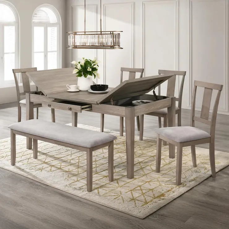 Rectangular Dining Table with Storage Compartments, 4 Chairs and 1 Bench - Grey