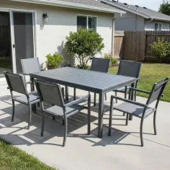 Rectangular Metal Outdoor Dining Table and 6 Chairs Grey Outlet