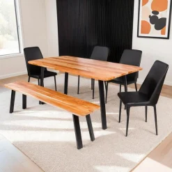 Rectangular Solid Wood Dining Table, 4 Chairs & Bench - 67" SHEESHAM/BLACK Outlet