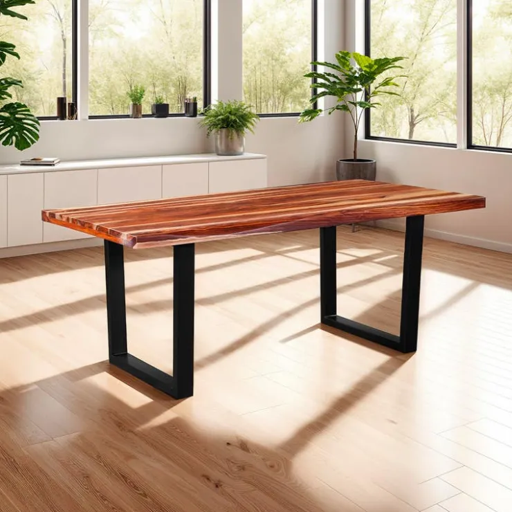 Rectangular Solid Wood Dining Table - 72" Natural sheesham and black metal