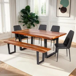 Rectangular Solid Wood Dining Table, 4 Chairs & Bench - 72