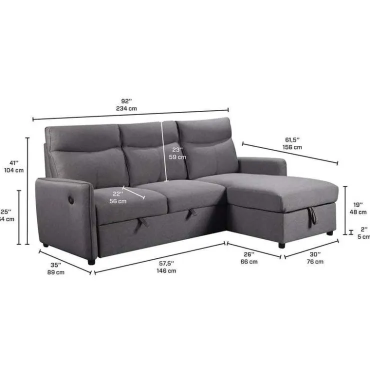 Reversible Sectional Bed with USB Ports Grey Sale