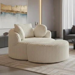 Rolled & Compressed Sealy Corduroy Armchair-in-a-Box with an Ottoman - Cream Beige Discount