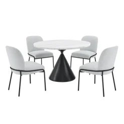 Round Marble Dining Table with 4 Upholstered Chairs - 48
