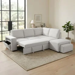 Sectional Bed with Right-Facing Chaise, Storage Compartments and an Extendable Ottoman Ivory Hot