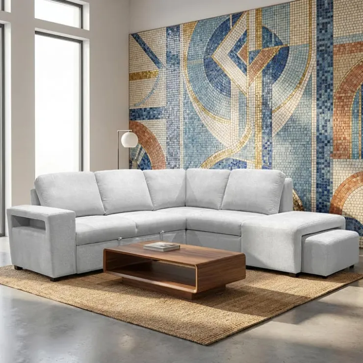 Sectional Bed with Right-Facing Chaise, Storage Compartments and an Extendable Ottoman Ivory Hot