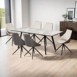 Sintered Stone Table and 6 Kitchen Armchairs - Cream and Grey Marble/Black/Cream/Grey Clearance