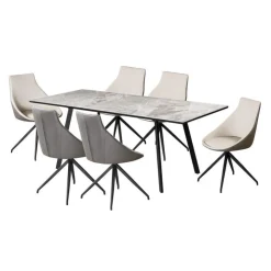 Sintered Stone Table and 6 Kitchen Armchairs - Cream and Grey Marble/Black/Cream/Grey Clearance