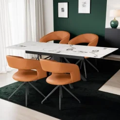 Sintered Stone Table and 4 Kitchen Armchairs - Pumpkin Orange Grey/White/Black/Tan New