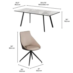 Sintered Stone Table and 4 Kitchen Armchairs - Cream and Grey Marble/Black/Cream/Grey Hot