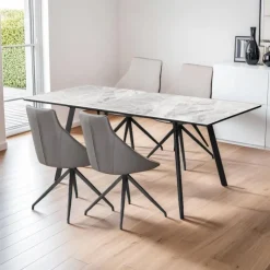 Sintered Stone Table and 4 Kitchen Armchairs - Cream and Grey Marble/Black/Cream/Grey Hot