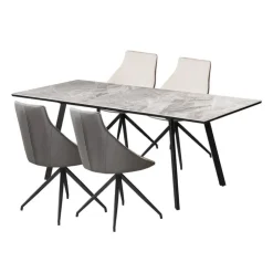 Sintered Stone Table and 4 Kitchen Armchairs - Cream and Grey Marble/Black/Cream/Grey Hot